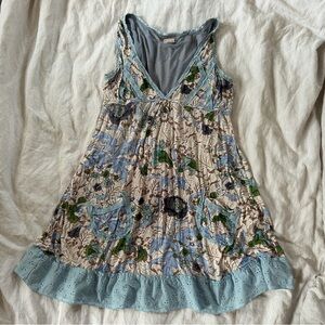 Vintage Free People Blue eyelet detailed floral Ruffled deep v-neck Sundress